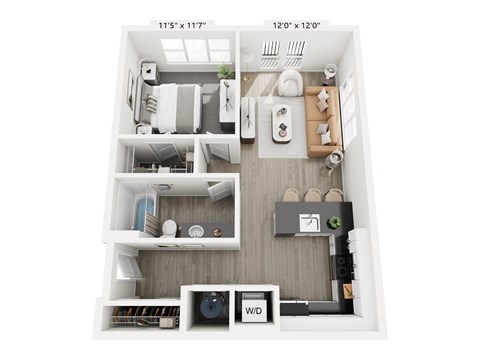 The Refraction floor plan at Contrast OTR in Cincinnati’s Over-the-Rhine is a sleek one-bedroom with open living, kitchen island, walk-in closet, and in-unit laundry—steps from TQL Stadium and downtown life.